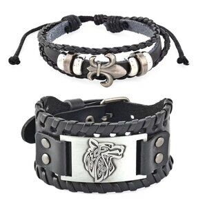 Set of 2 Genuine Leather Bracelets Dualtone Adjustable Black Original Box